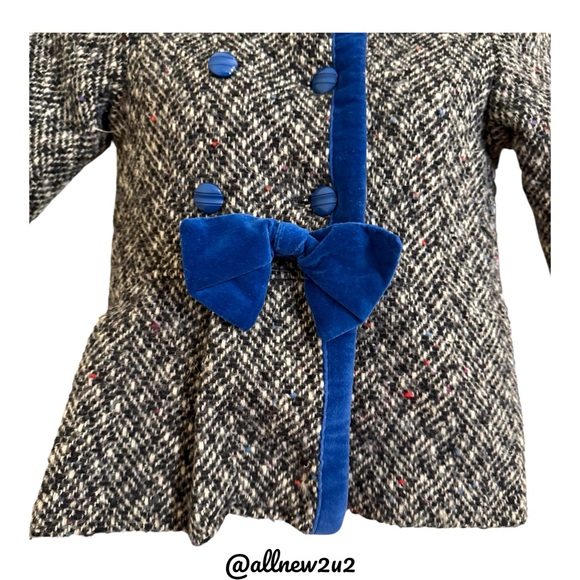 Doren Girl Vintage Coat Toddler Tweed Coat with Blue Velvet Accents Size 3 HP! - Picture 7 of 15